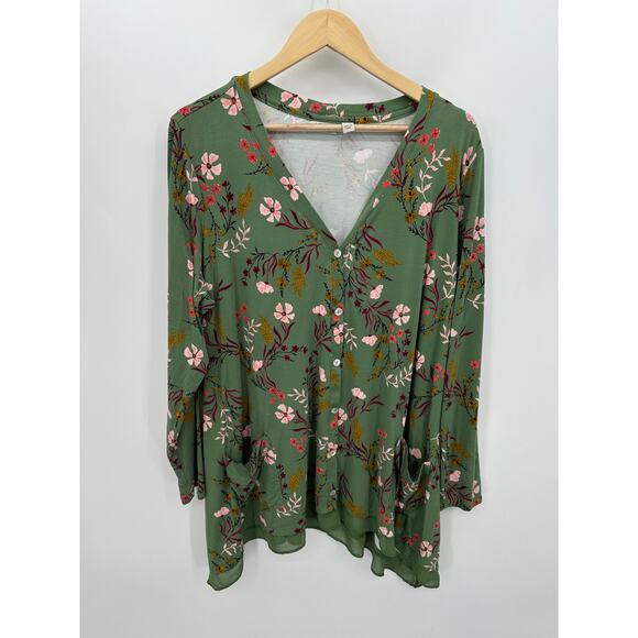 Logo Lori Goldstein Women Button Front Floral Tunic Size XL Green Earthy Stretch - Picture 1 of 7